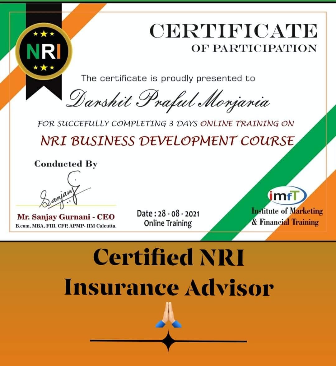 Certified NRI Insurance Advisor certificate of Darshit Praful Morjaria